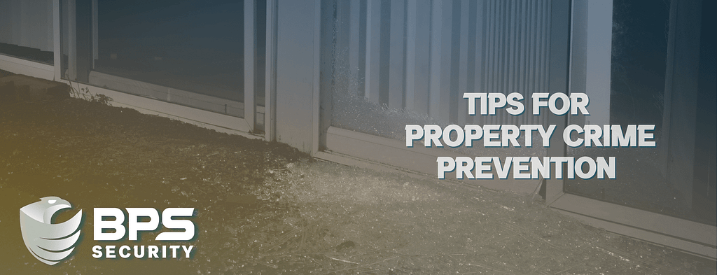 This is the header image for the BPS Security article titled, “How to Stay Safe at Home: Tips for Property Crime Prevention” This image shows an artistic rendition of a shattered glass door with shards covering the ground.