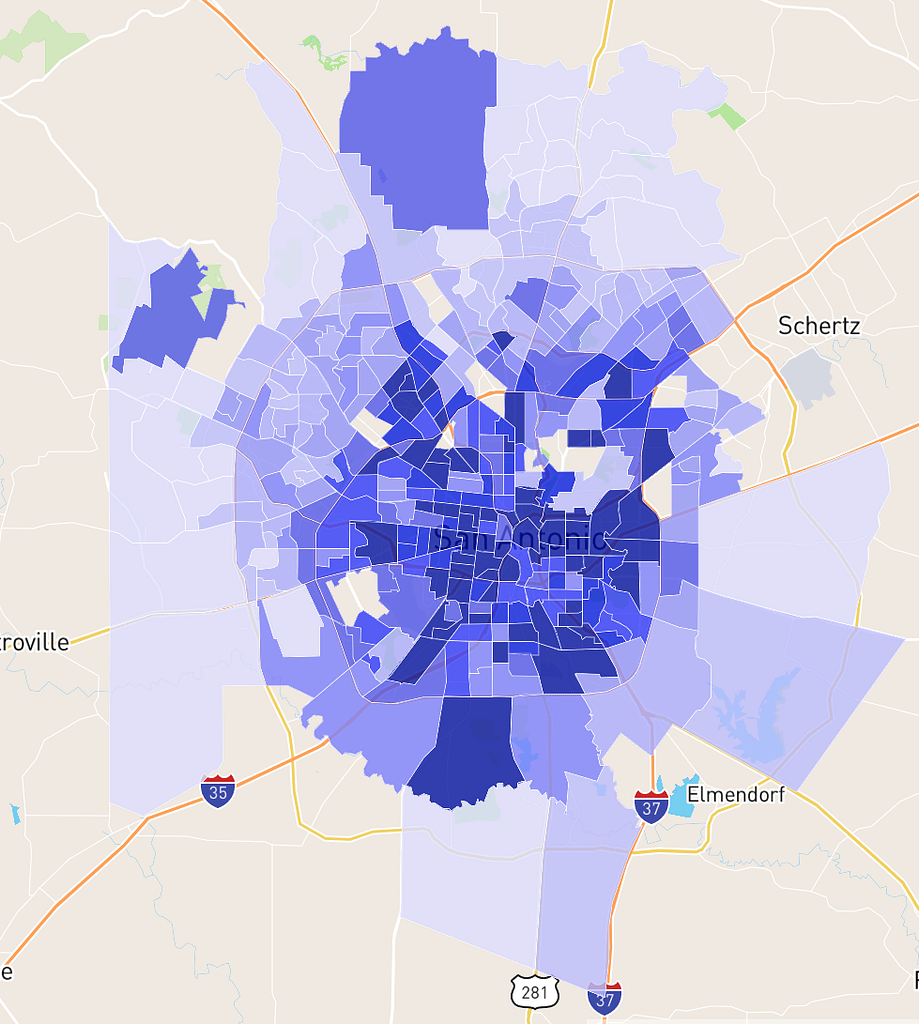 This is a screenshot from Neighborhood Scout that shows which neighborhoods/areas within San Antonio are more violent than others via a color coding! This image is used in the BPS Security article titled, “Why Do HOAs Need Private Security?”