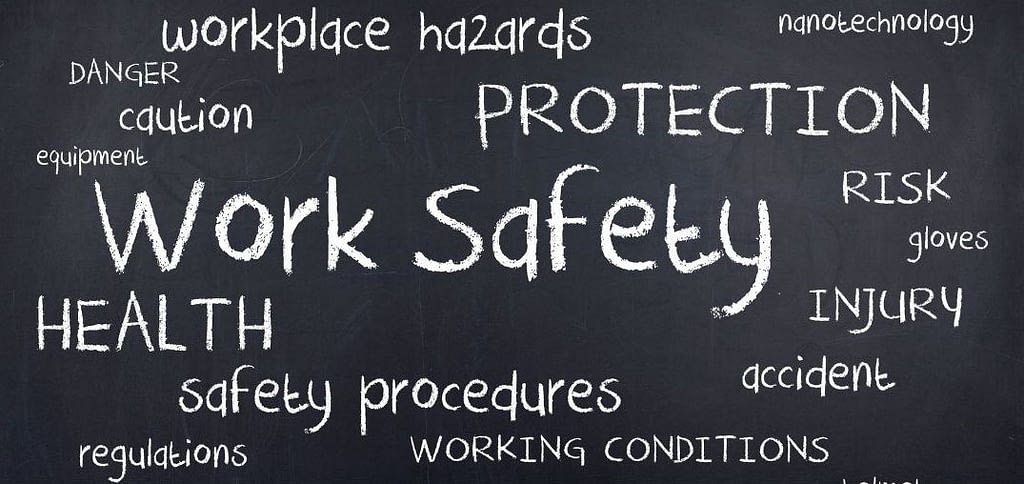 This is the image of a chalkboard with words related to work safety written across the board. This image is used in the BPS Security Blog titled, “Diabetes Cannot Disqualify You from Becoming a Security Guard”