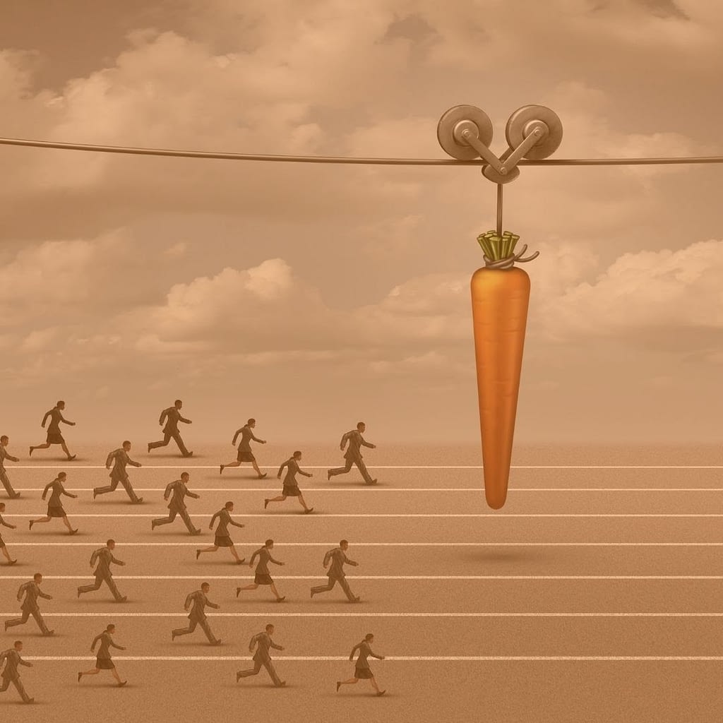 This is an animated image of multiple individuals running on what appears to be a running track with a giant carrot, suspended from a wire, moving in front of them. This image is used in the BPS Security Blog post titled “Is There Room for Lazy Security Guards Within the Security Industry?”.