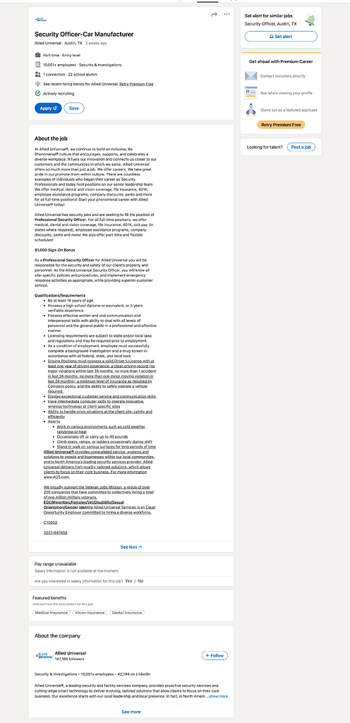 This is a screenshot of a job posting from Allied Universal. This image is used in the BPS Security article titled, “Why Did it Take 8 Deaths at a Concert to Raise Concerns About the Security Industry?”