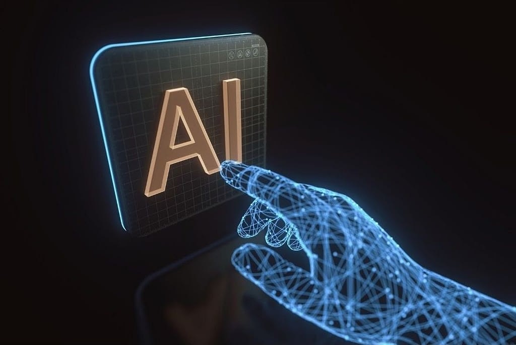 This is an image of a robotic/technological arm made up of blue lines touching a sign that reads “AI”.