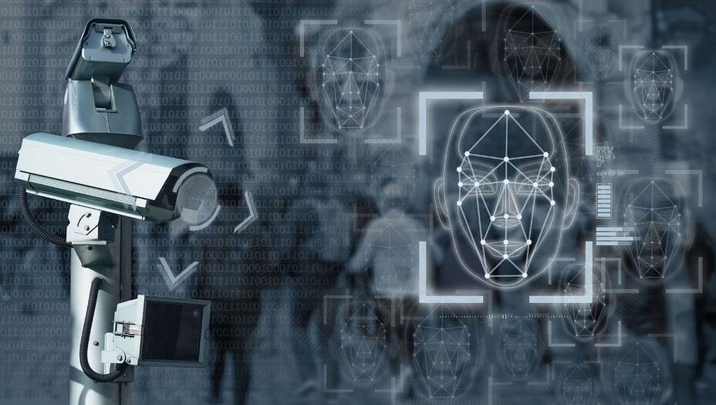 This is a futuristic/computer generated image with many drawn faces with identification points representing “facial recognition” software. This image is used in the BPS Security Article titled, “Should We Be Using Facial Recognition on the US/Mexico Border?”