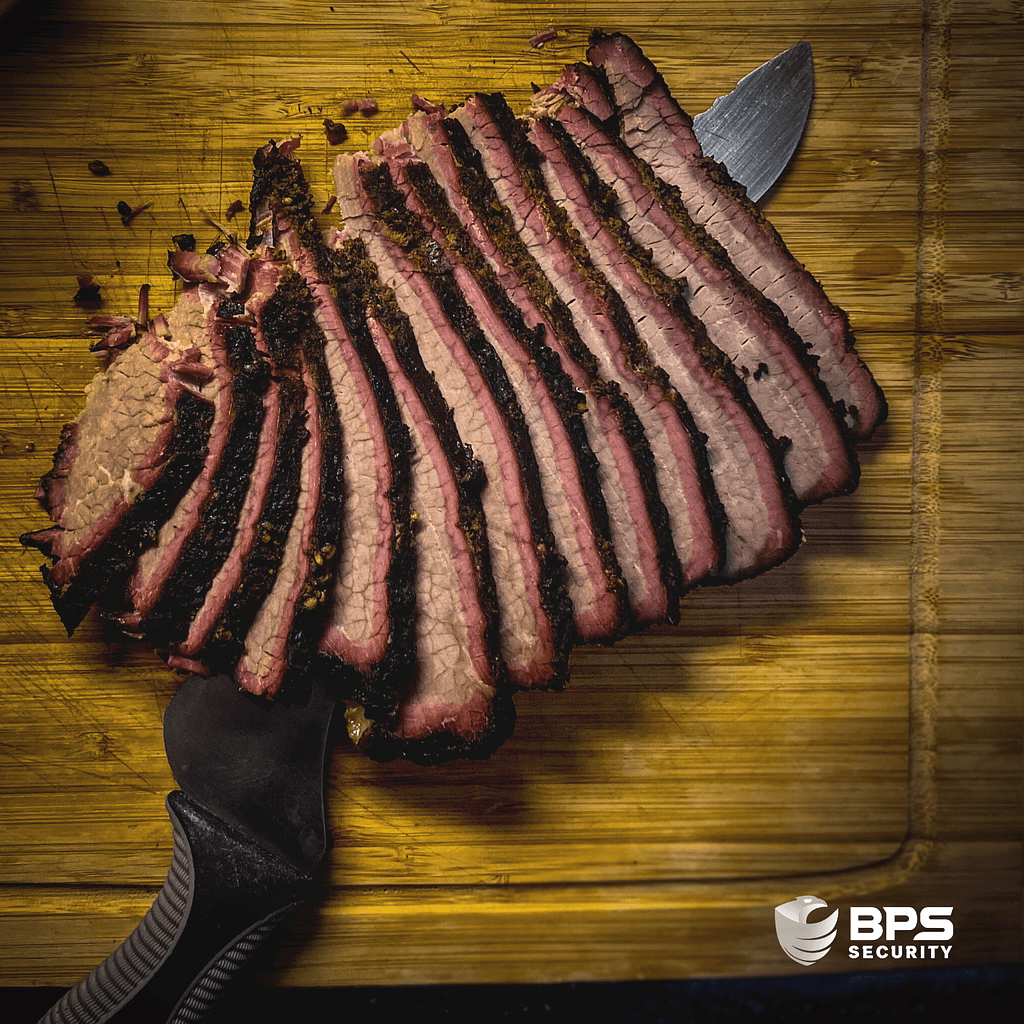 This is an image showing beautifully sliced brisket, layed out on a wooden cutting block. This image is used in the BPS Security Article titled, “ Why Participating in The Men Who Cook Event Means So Much to the BPS Security Team”.