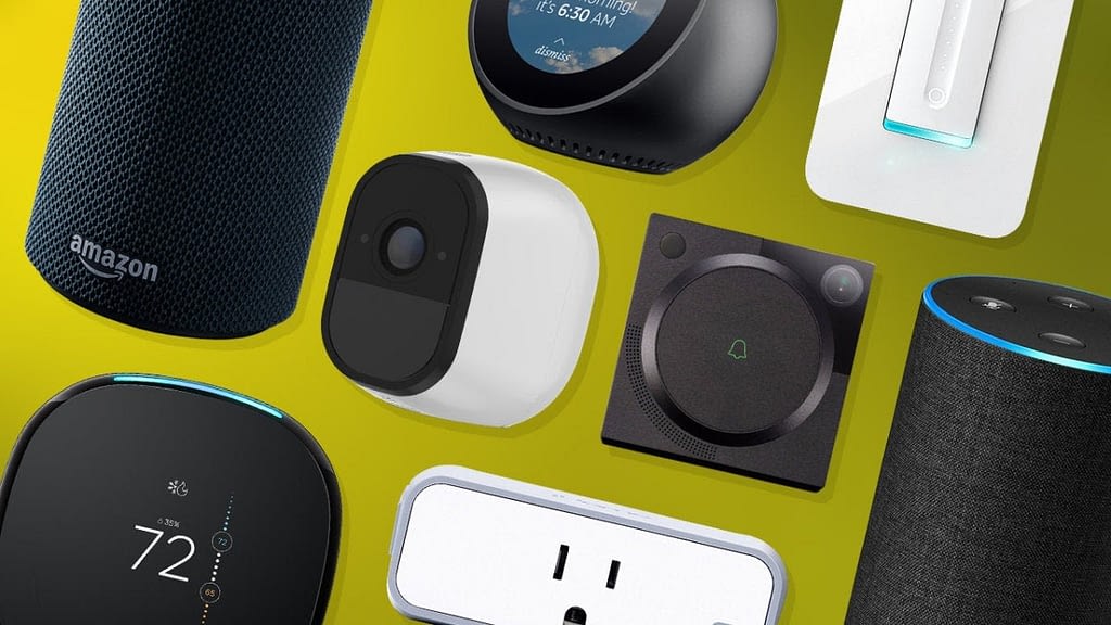 This is an image of various smart home devices accessories laying on a faded yellow to dark yellow background. This image is used in the BPS Security Article titled, “How to Make a Smart Home Security System SAFE.”
