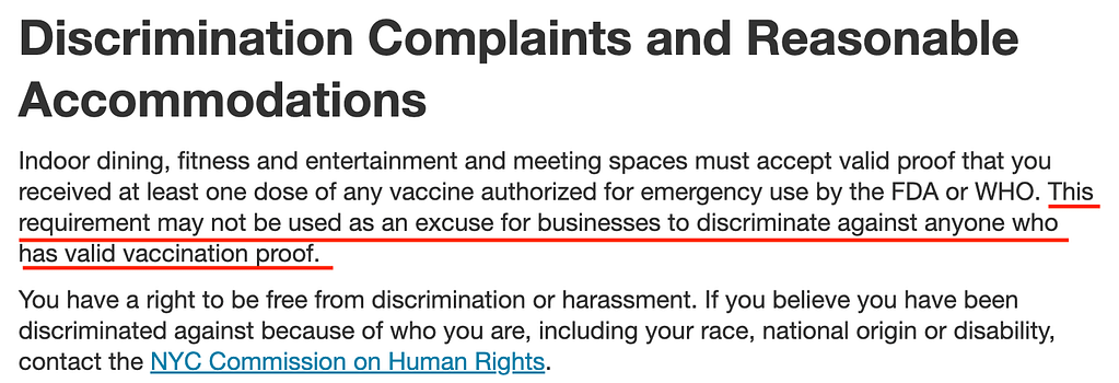 This is a screenshot taken from NYC Health explaining how vaccination requirements cannot turn into descirmination! This screenshot was taken on Feb. 25, 2022. This image is used in the BPS security article titled, “Why is there a Need for Security Guards in Hospitality?”