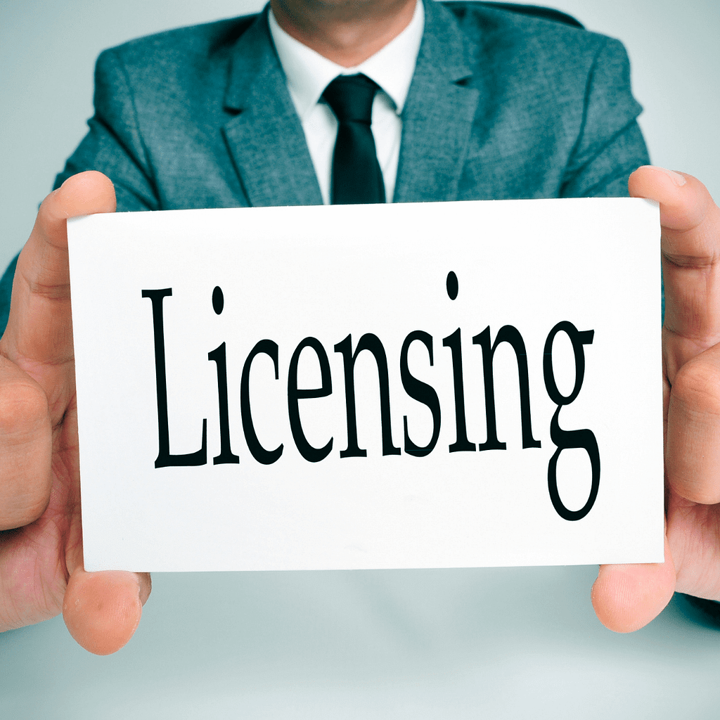 A man in a suit holding up a plaque that reads "licensing" in a serif font. He is discussing how licensing is critical when bringing security in-house.