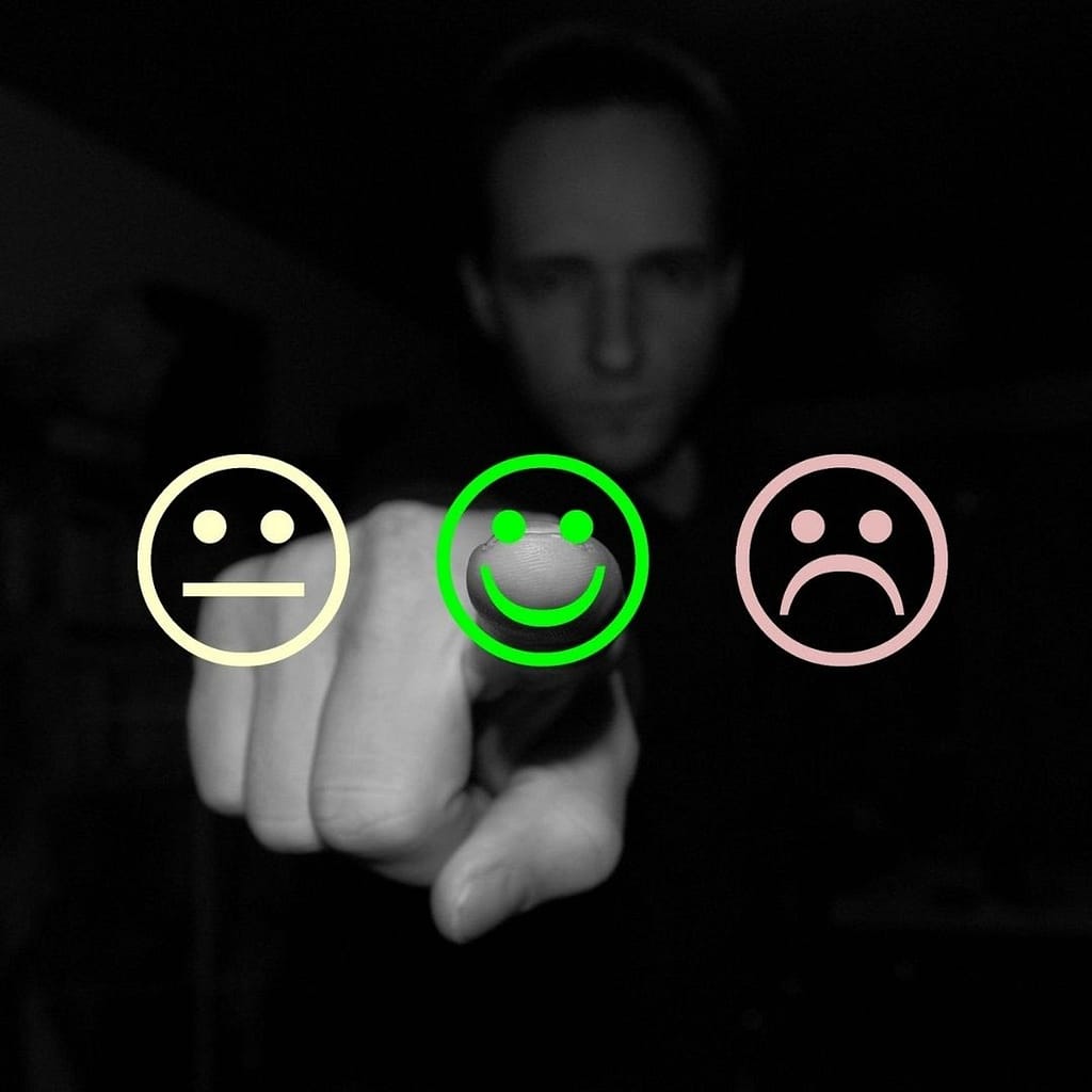 Image of man pointing two a "happy" face. This is am image used in a blog to to show a good security guard costs.