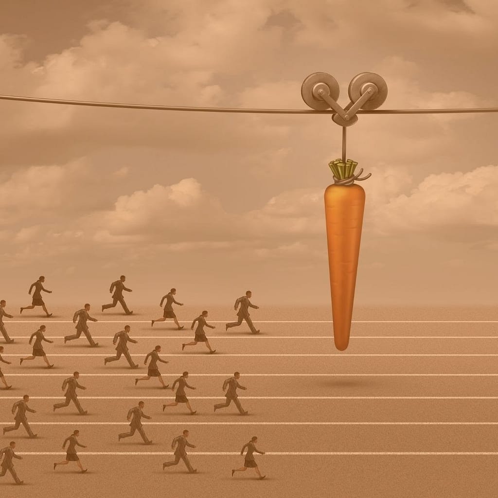 This is an animated image of multiple individuals running on what appears to be a running track with a giant carrot, suspended from a wire, moving in front of them. This image is used in the BPS Security Blog post titled “Is There Room for Lazy Security Guards Within the Security Industry?”.