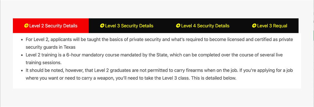This is a screenshot from a security training facility in Texas showing the requirements needed to get a Level II Security certificate. This screenshot is used in the BPS Security Blog titled, “Is it Easy to Become a Security Guard”