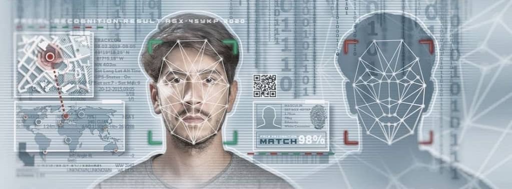 This is an image of a person with pinpoints on their face for the facial recognition software. Behind the person are maps, and location spots. This image is used for the BPS Security Article titled, “Should We Be Using Facial Recognition on the US/Mexico Border?”