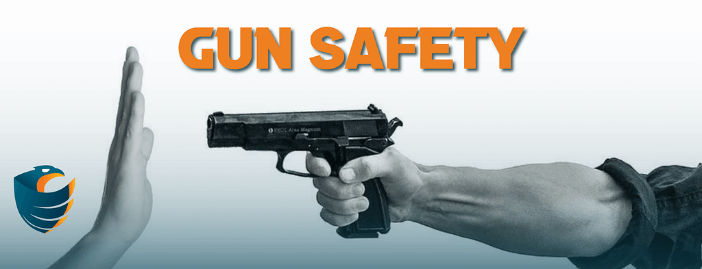 This is the header image for the BPS Security blog titled, “The Essential Gun Safety Rules for Optimal Firearm Security” The image shows the title against a background with someone pointing a gun and someone else putting up a hand to stop them.