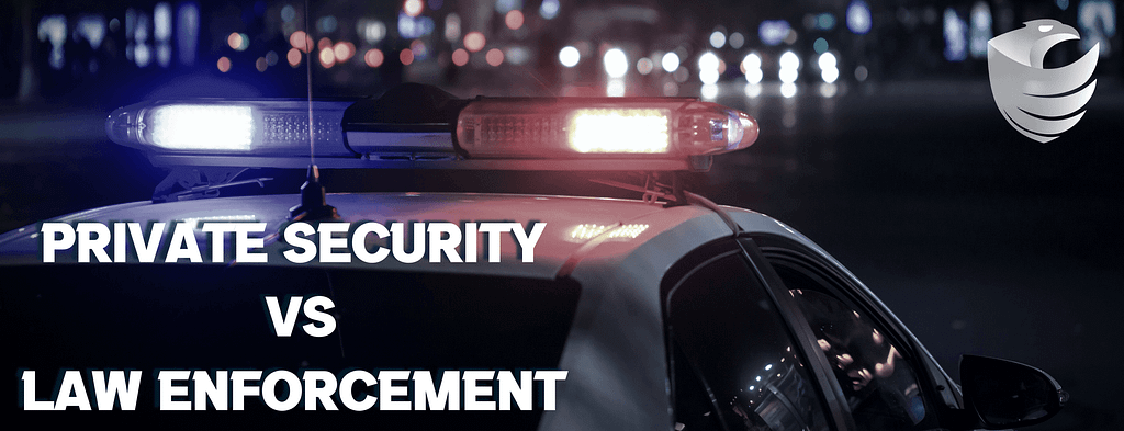 This is the header image for the BPS Security blog titled, “Uncovering the Differences: Private Security and Law Enforcement” The image shows the title against a background with flashing police car lights.