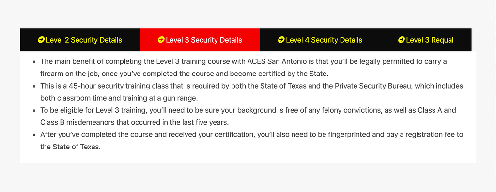This is a screenshot from a security training facility in Texas showing the requirements needed to get a Level III Security certificate. This screenshot is used in the BPS Security Blog titled, “Is it Easy to Become a Security Guard”