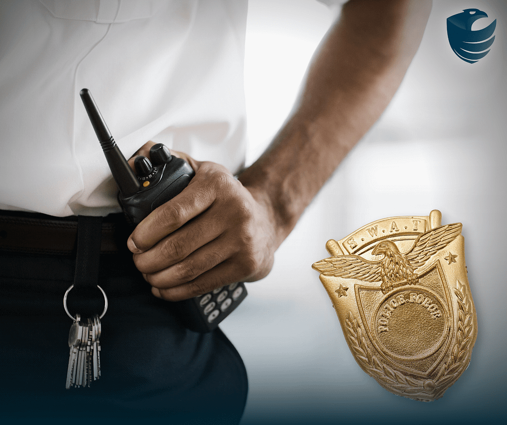 This image depicts a security officer next to a police badge. This is the supporter image used BPS Security blog titled, “Uncovering the Differences: Private Security and Law Enforcement”