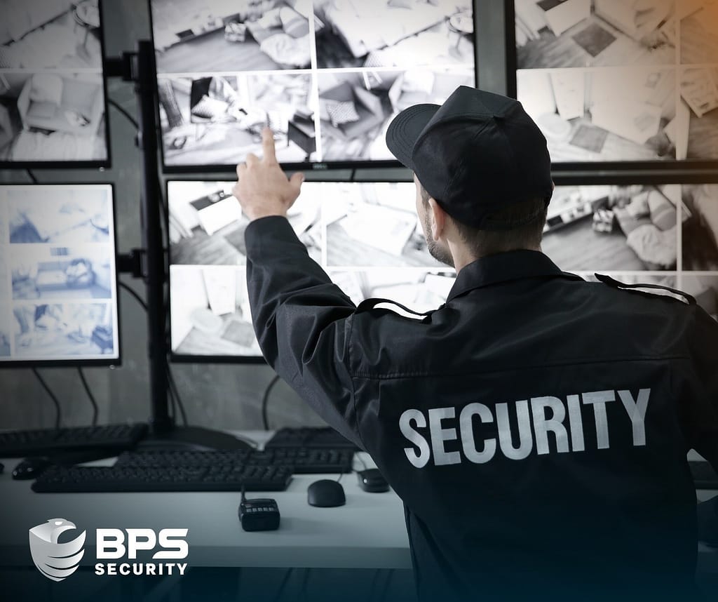 This image depicts a security officer checking cameras. This is the supporter image used BPS Security blog titled, “Ensuring Safety in Private Security Jobs: What You Need to Knows”