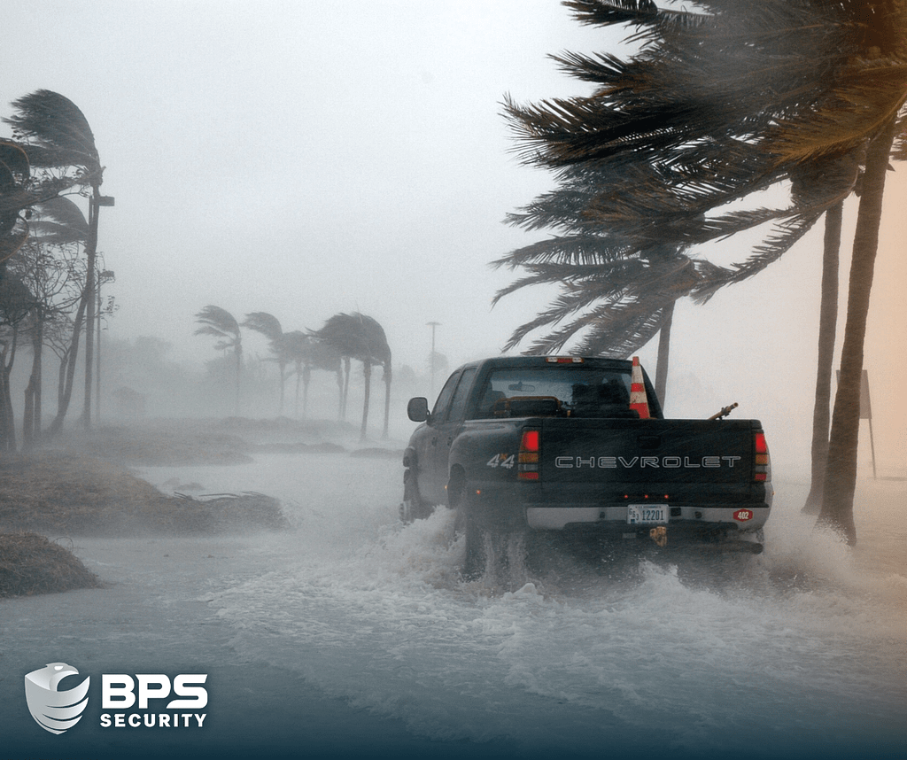 This image shows a truck driving through dangerous hurricane weather. This is the supporter image used in the BPS Security blog titled, “10 Essential Hurricane Preparedness Tips from BPS Security: Safeguarding Your Property and Ensuring Safety''