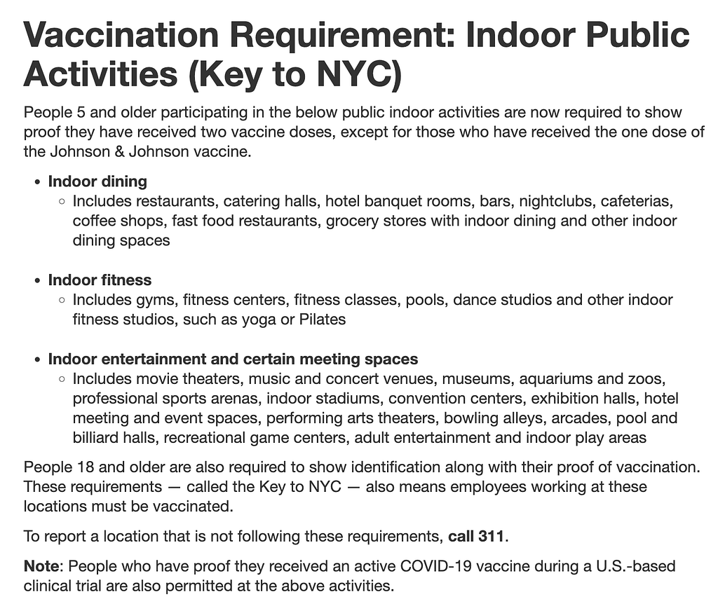 This is a screenshot taken from NYC Health explaining vaccination requirements for indoor public activities in NYC. This screenshot was taken on Feb. 25, 2022. This image is used in the BPS security article titled, “Why is there a Need for Security Guards in Hospitality?”