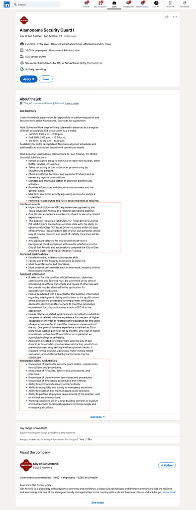 This is a screenshot of a job posting from the Alamodome. This image is used in the BPS Security article, “Why Did it Take 8 Deaths at a Concert to Raise Concerns About the Security Industry?”