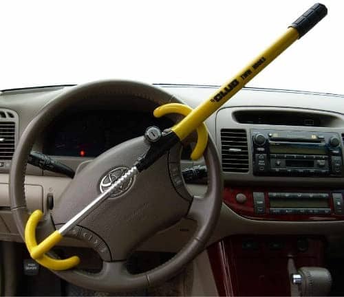 This is an image of a steering wheel lock places on a Toyota’s steering wheel. This image is used in the BPS Securit article titled, “How to Prevent Vehicle Theft”.