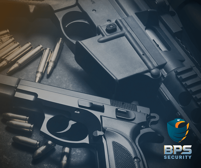 This image shows two pistols surrounded by brass bullets against a monthly gray backdrop. This is the supporter image used BPS Security blog titled, “The Essential Gun Safety Rules for Optimal Firearm Security”