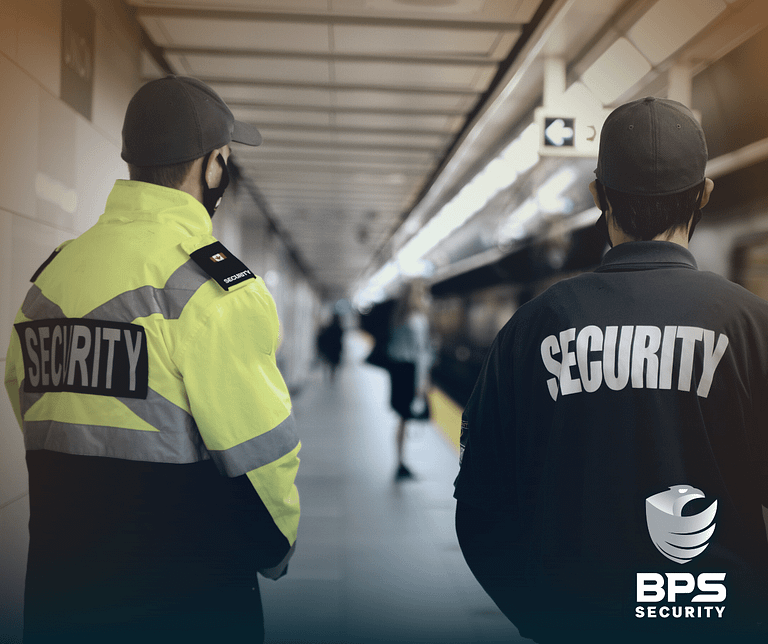 This image is of two security guards on a subway platform. This is the supporter image used BPS Security blog titled, “Elevate Your Private Security Knowledge: Essential Training for Private Security Guards”