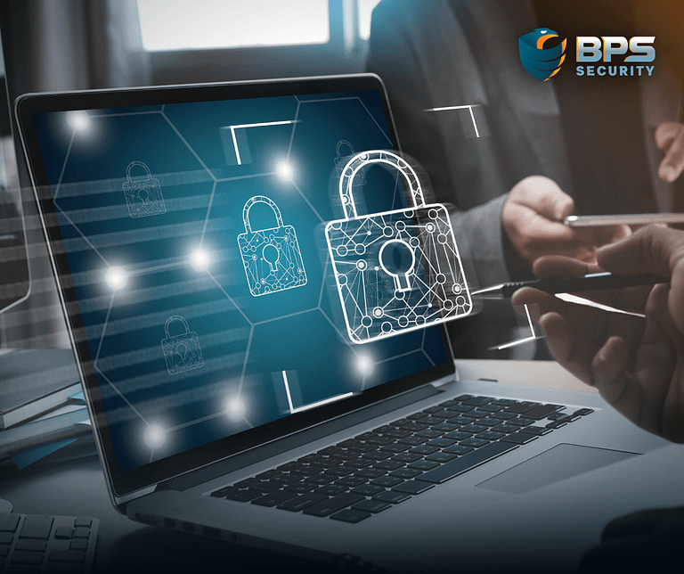 This image is an artistic rendition of a laptop with a padlock security symbol rising from the screen. This is the supporter image used in the BPS Security blog titled, “Security Analysts: The Importance of Their Role in Private Security ”